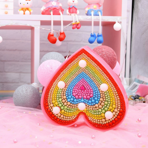 5D Diamond Painting Rainbow Hearts on Gold Kit