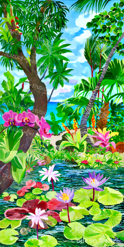Pink Orchids on a Lotus Pond by Eileen Seitz | Diamond Painting